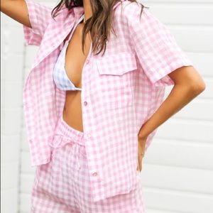 NWT Frankies Bikinis XS Linen Checkered Button Down Pink White Shirt